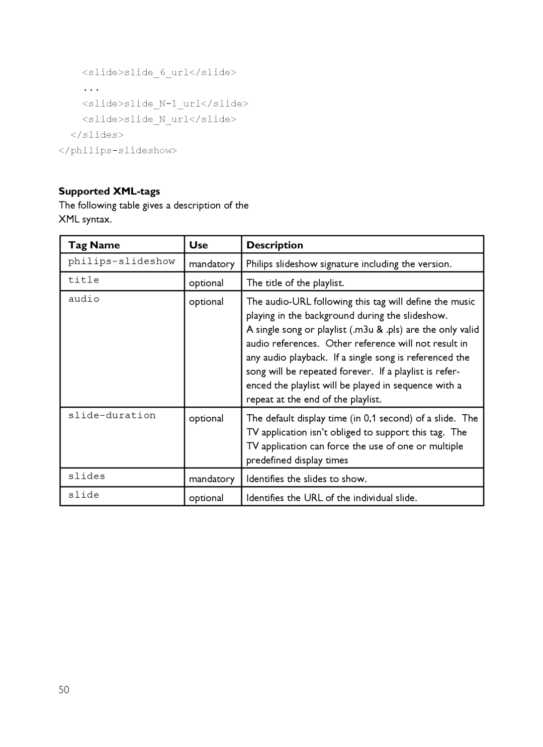 Philips SX60 user manual Supported XML-tags, Tag Name Use Description 