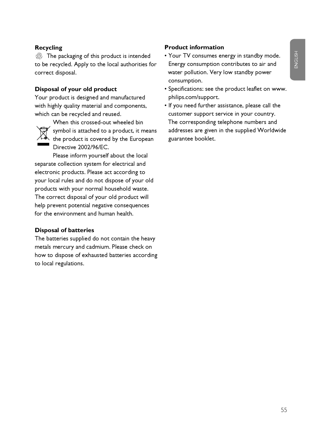 Philips SX60 Recycling, Disposal of your old product, Directive 2002/96/EC, Disposal of batteries, Product information 