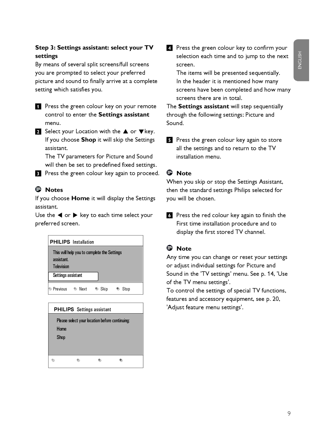 Philips SX60 user manual Settings assistant select your TV settings 