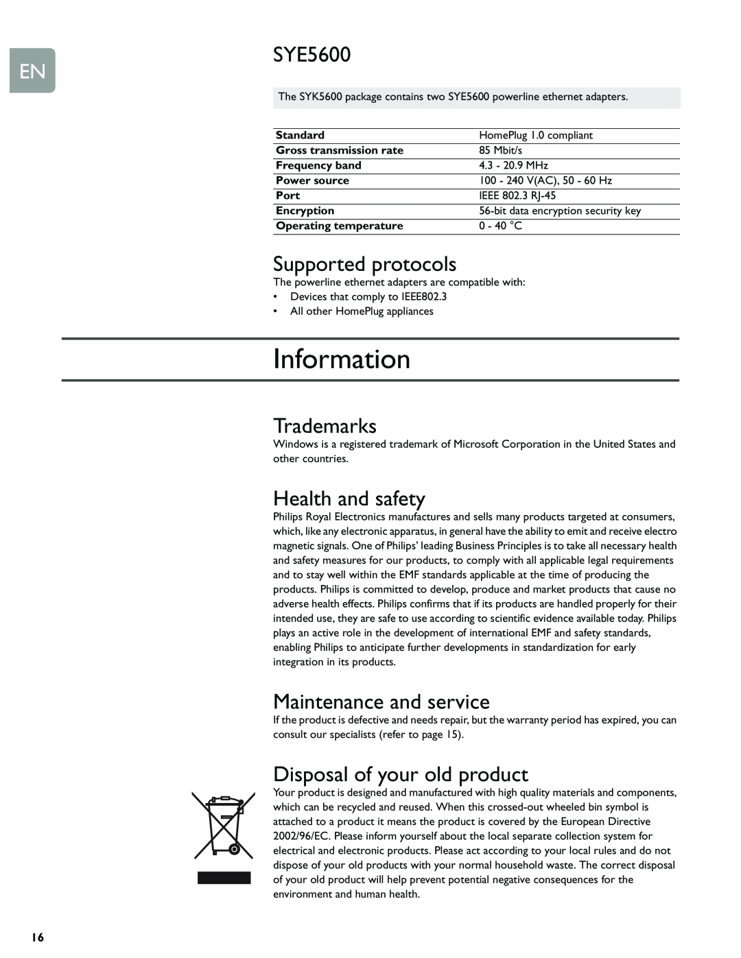 Philips SYE5600 Information, Supported protocols, Trademarks, Health and safety, Maintenance and service, Standard, Port 