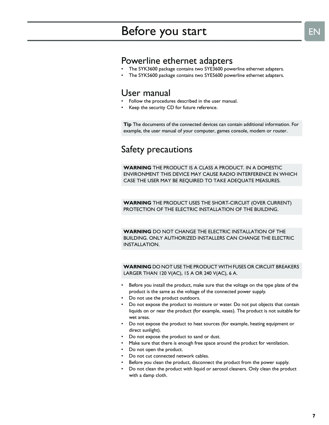 Philips SYE5600 user manual Before you start, Powerline ethernet adapters, Safety precautions 