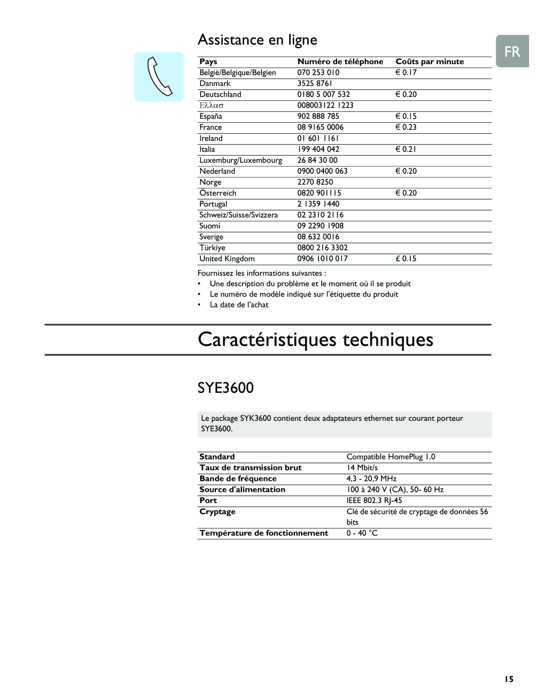 Philips SYE5600/05, SYK5600/05, SYK5600/00, SYK3600/05 manual Caractéristiques techniques, Assistance en ligne, SYE3600 