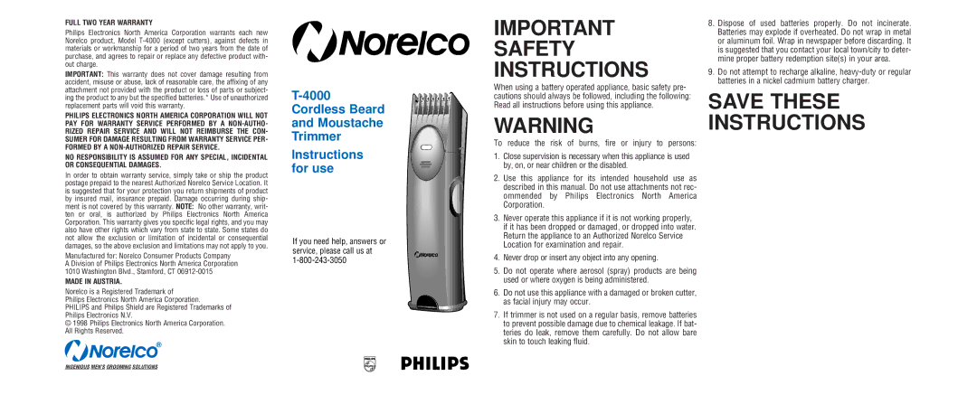 Philips T-4000 important safety instructions Cordless Beard Moustache Trimmer 