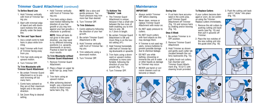 Philips T-5000 important safety instructions Trimmer Guard Attachment Maintenance 