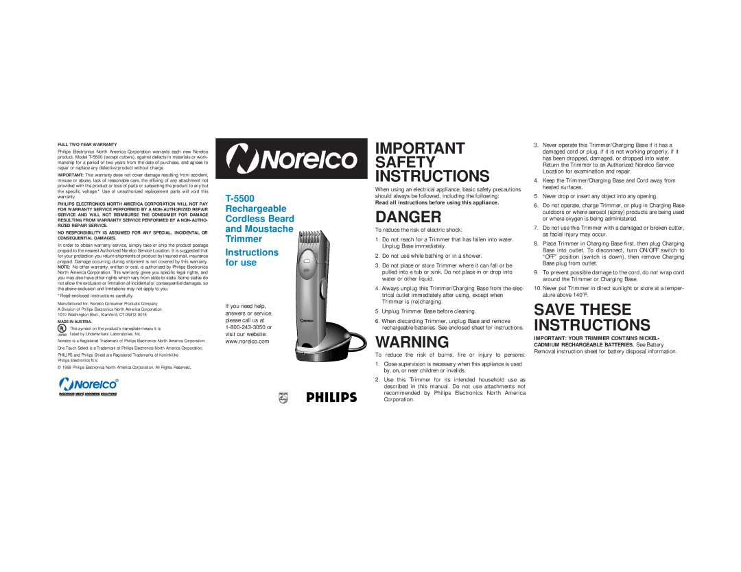 Philips T-5500 important safety instructions Read all instructions before using this appliance 