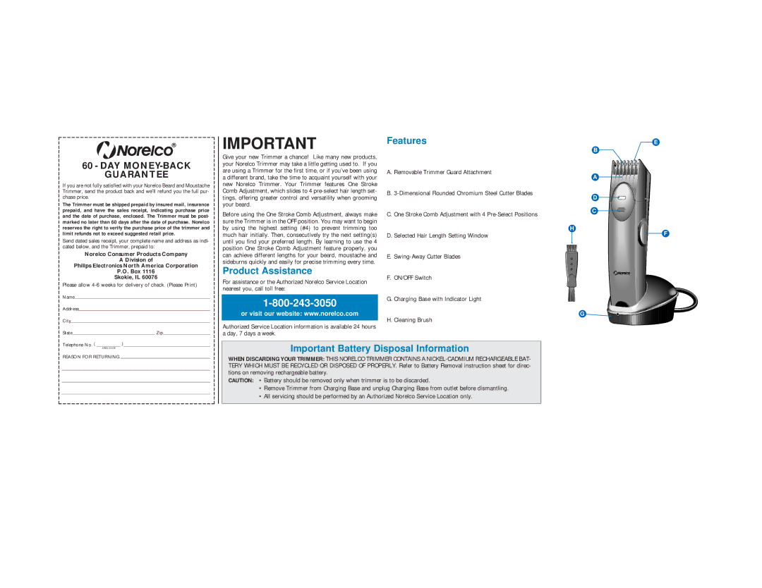 Philips T-5500 important safety instructions Product Assistance, Features, Important Battery Disposal Information 