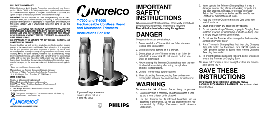 Philips T-7000, T-6000 important safety instructions Read all instructions before using this appliance 