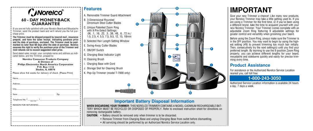 Philips T-6000 Features, Product Assistance, Important Battery Disposal Information, Removable Trimmer Guard Attachment 