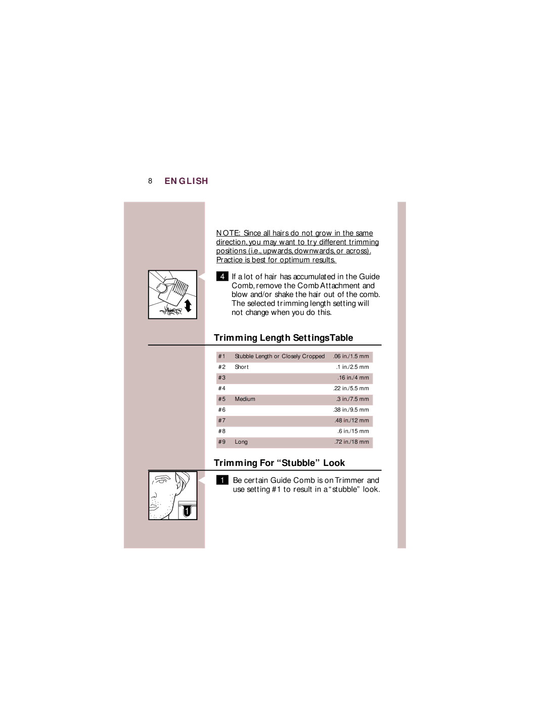 Philips T 760 manual Trimming Length Settings Table, Trimming For Stubble Look 