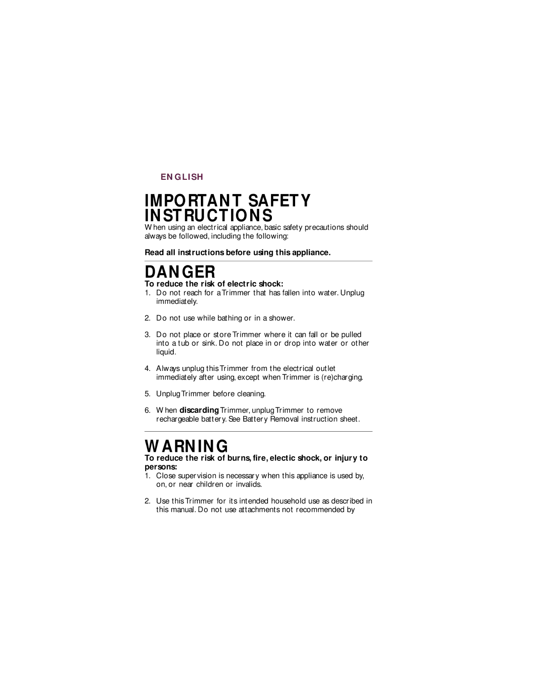 Philips T 760 manual Important Safety Instructions, Unplug Trimmer before cleaning 