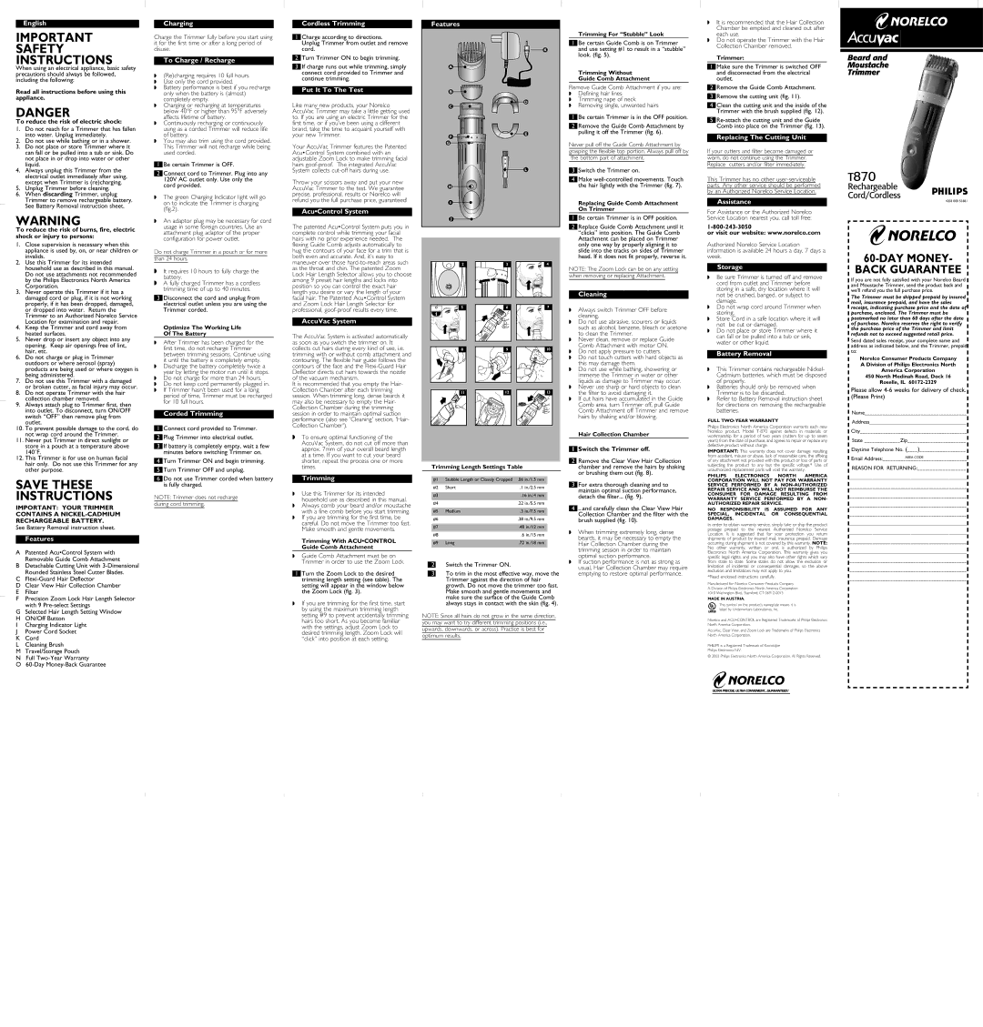 Philips T-870 important safety instructions English, Charging, To Charge / Recharge, Cordless Trimming, Put It To The Test 