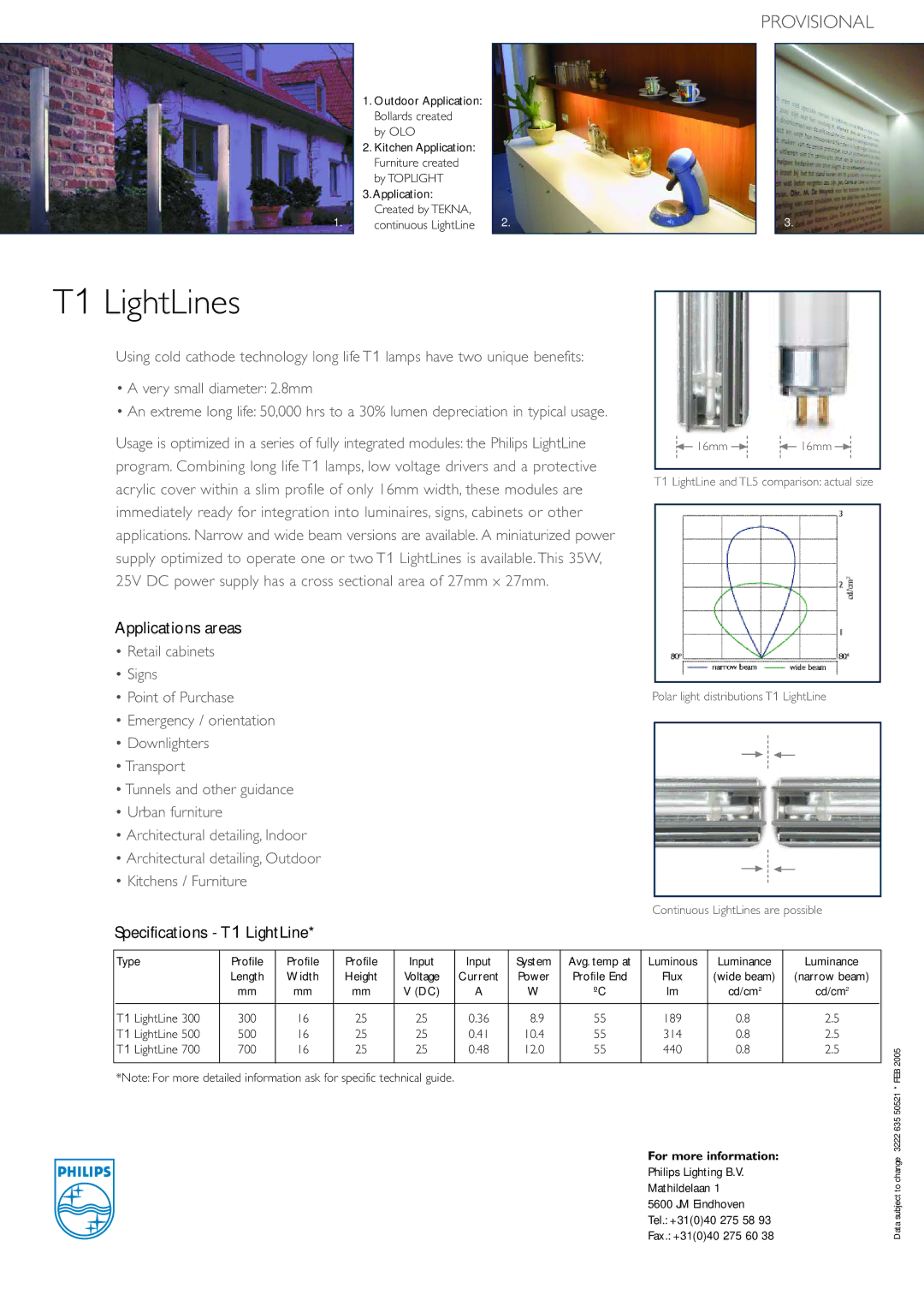 Philips manual T1 LightLines, Applications areas, Specifications T1 LightLine, For more information 