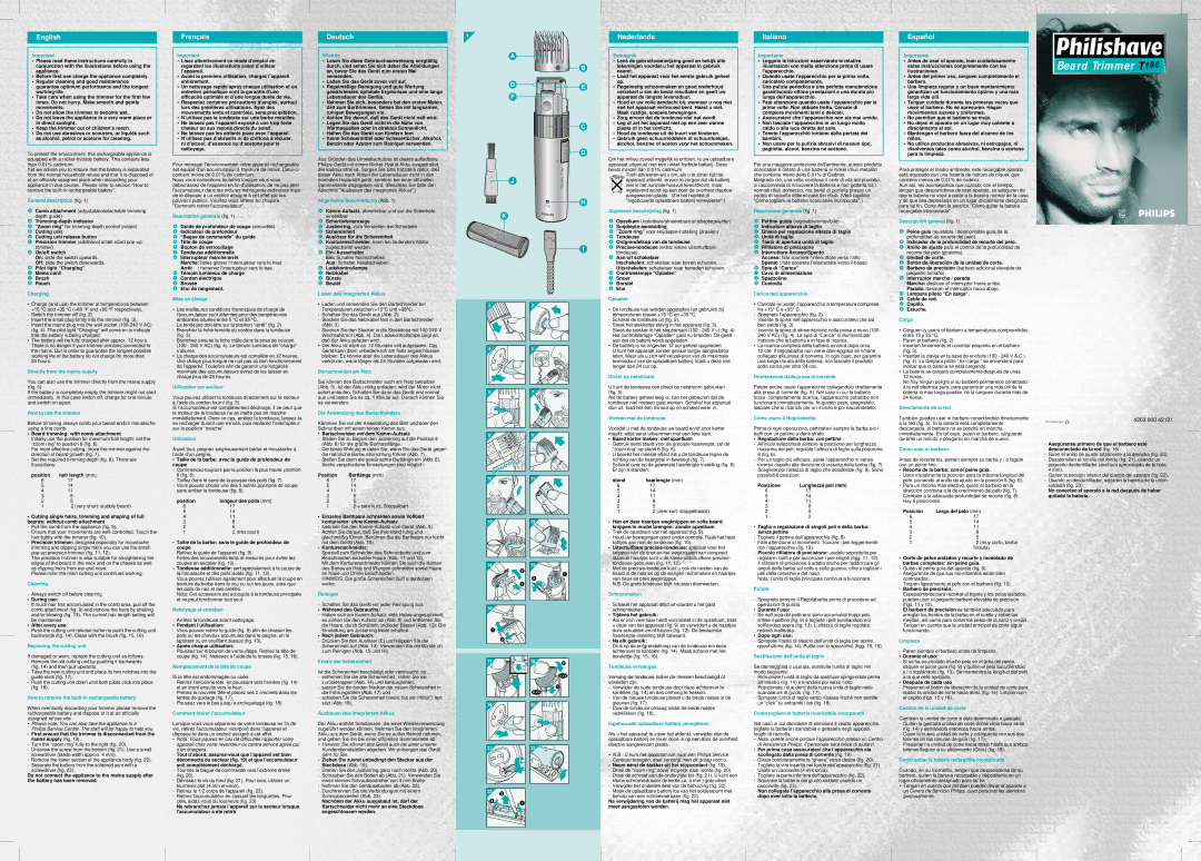 Philips T186 manual General description fig, Charging, Directly from the mains supply, How to use the trimmer, Cleaning 