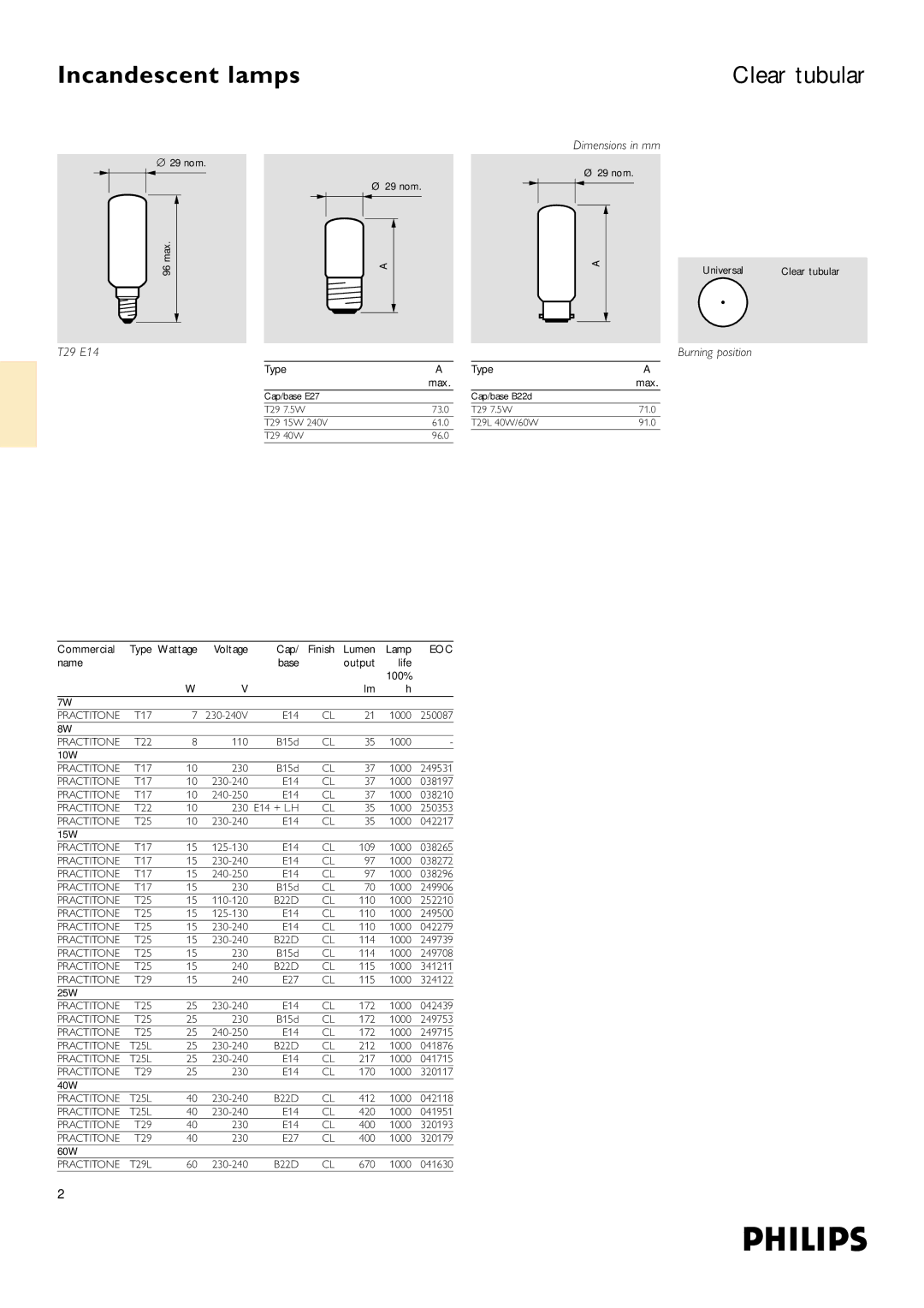 Philips T17 E14, T29 E27, T22 10W/1SW, T25 B15d dimensions Dimensions in mm, T29 E14, Eoc 