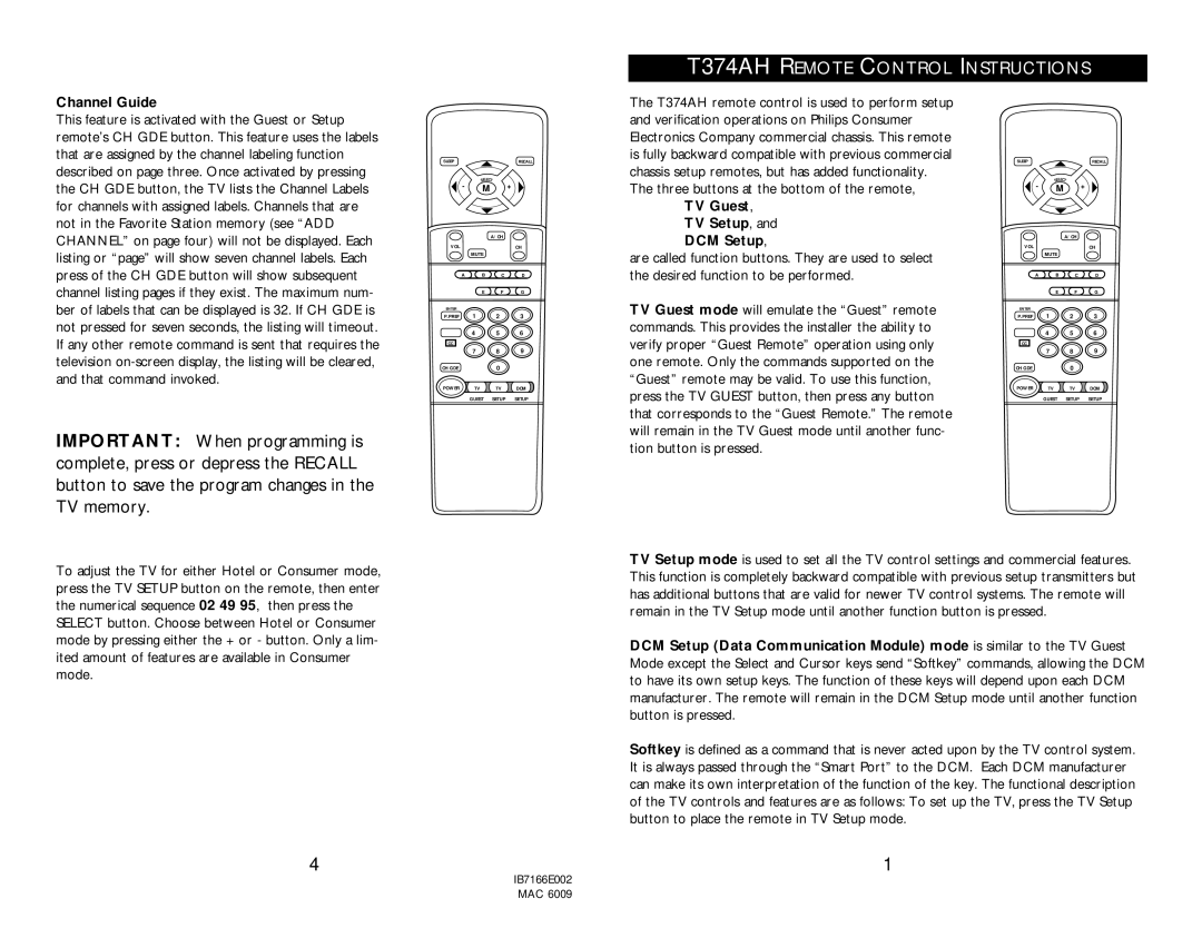 Philips T374AH manual Channel Guide, TV Guest TV Setup, DCM Setup 