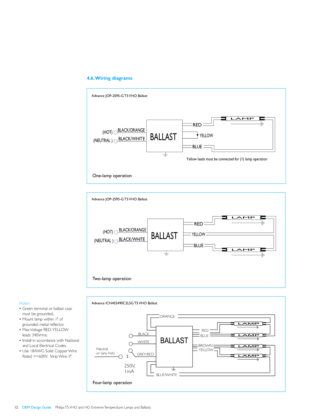 Philips T5VHO manual Ballast Yellow, Wiring diagrams 