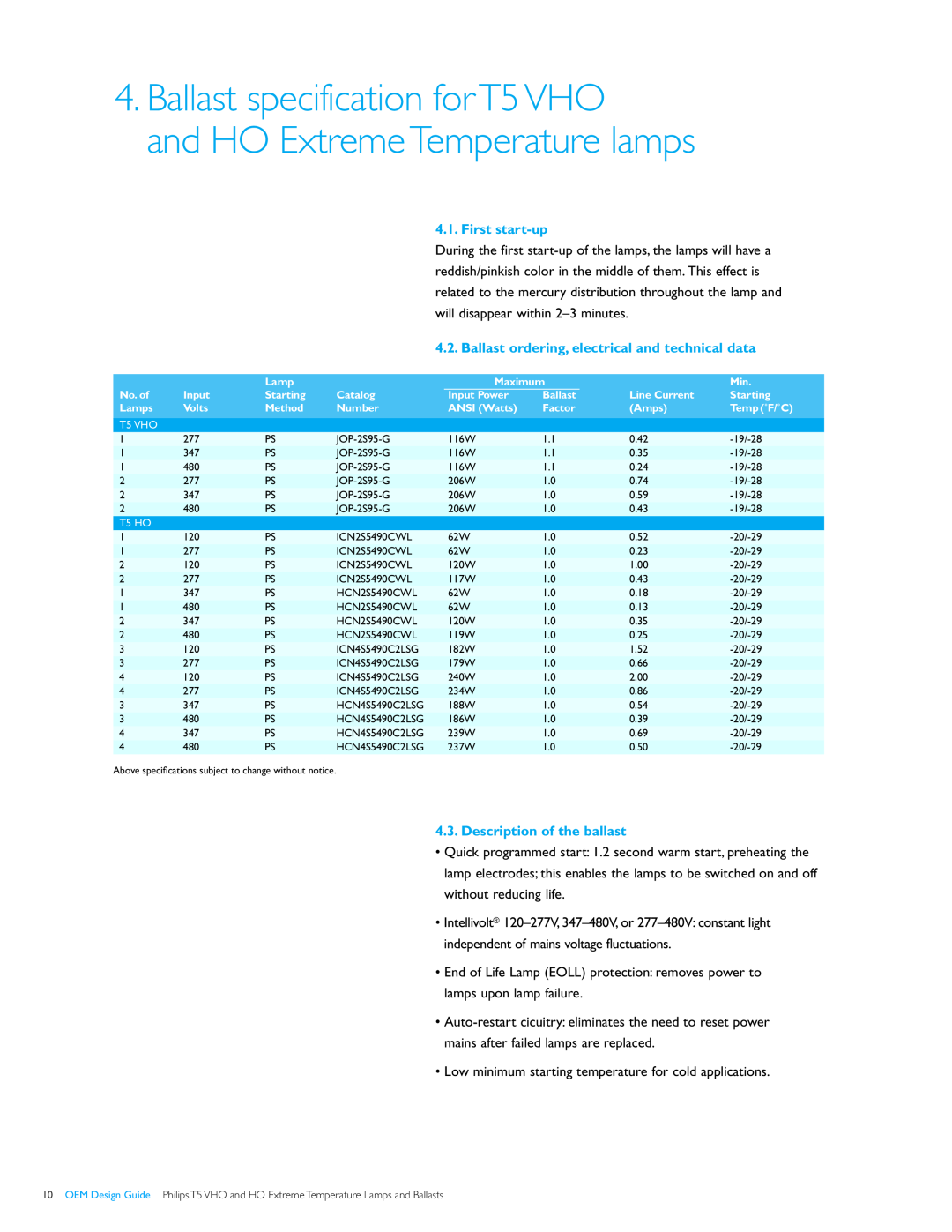Philips T5VHO manual Ballast specification for T5 VHO and HO Extreme Temperature lamps, First start-up 