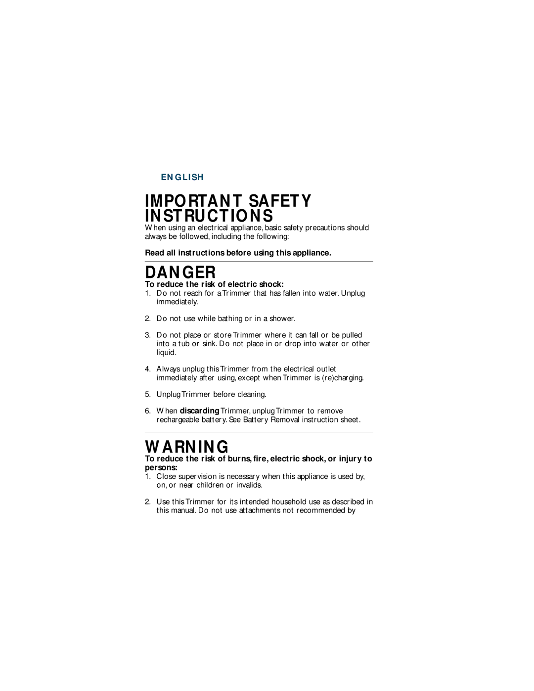 Philips T660 manual Important Safety Instructions, Unplug Trimmer before cleaning 