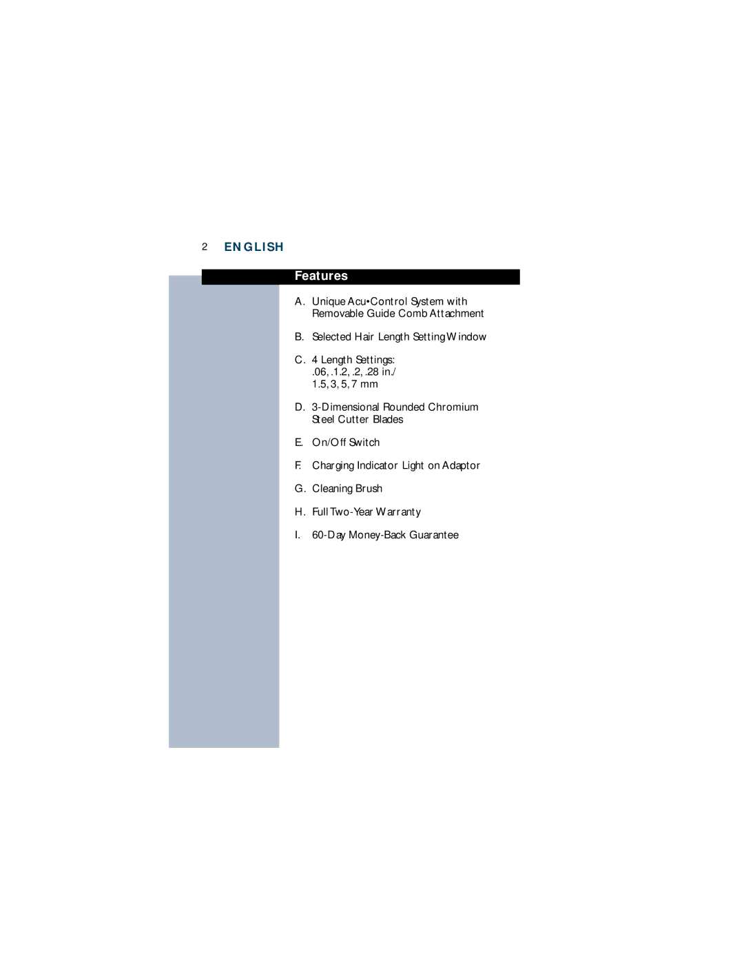 Philips T660 manual Features, Selected Hair Length Setting Window Length Settings 