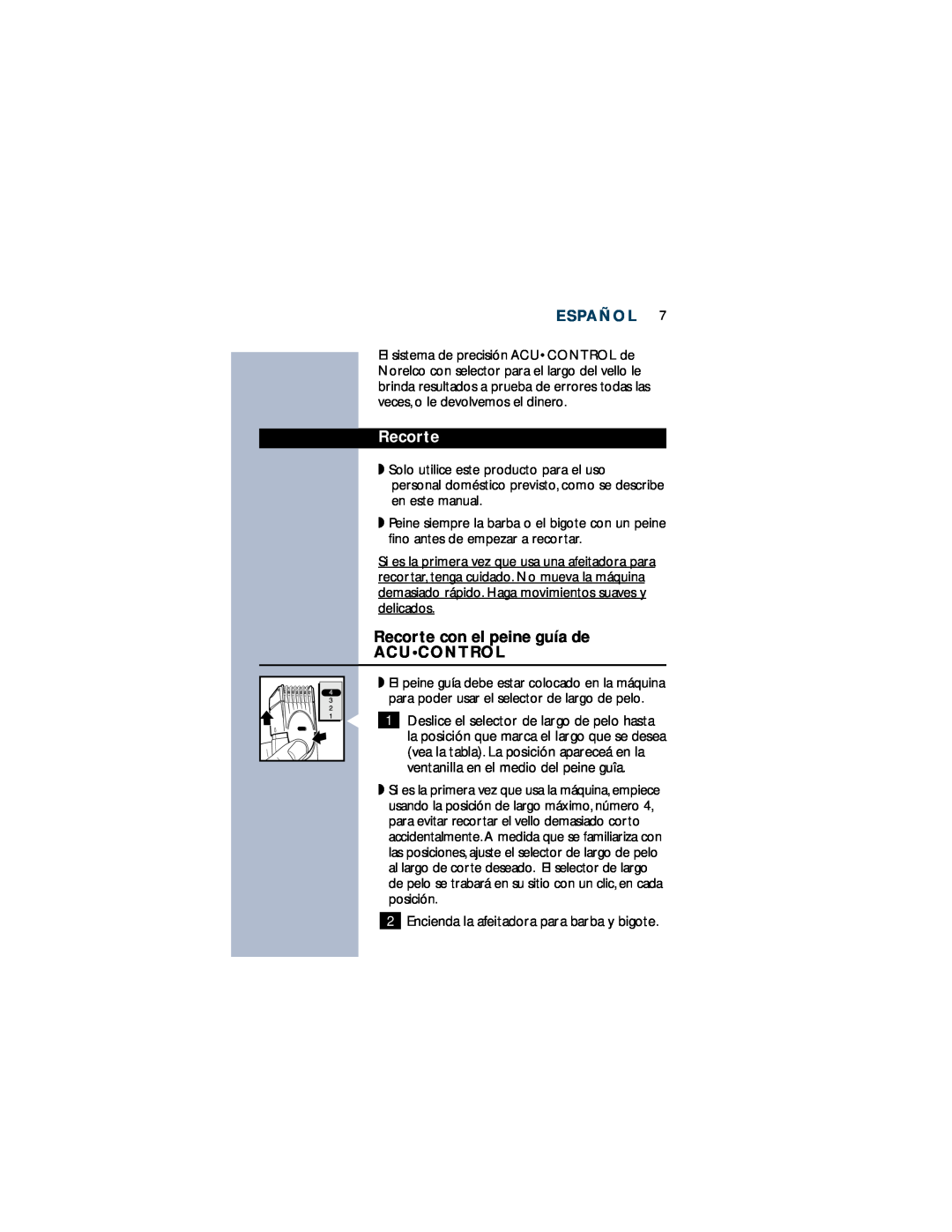 Philips T660 manual Recorte con el peine guía de ACUCONTROL, Español 