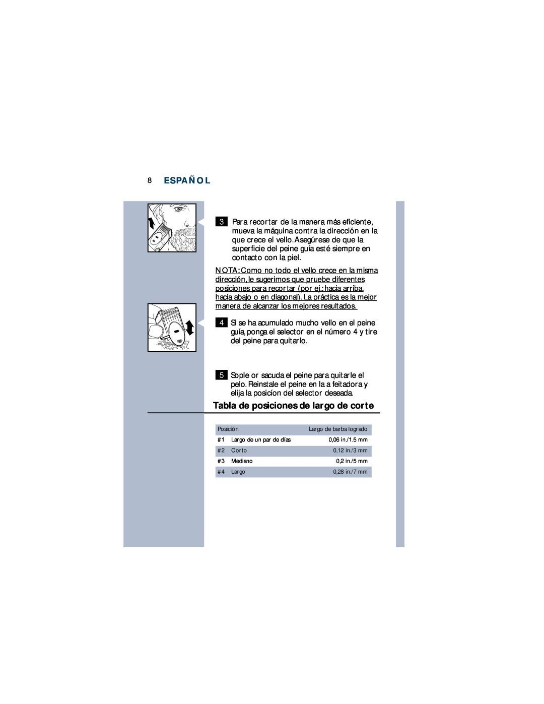 Philips T660 manual Tabla de posiciones de largo de corte, Español 