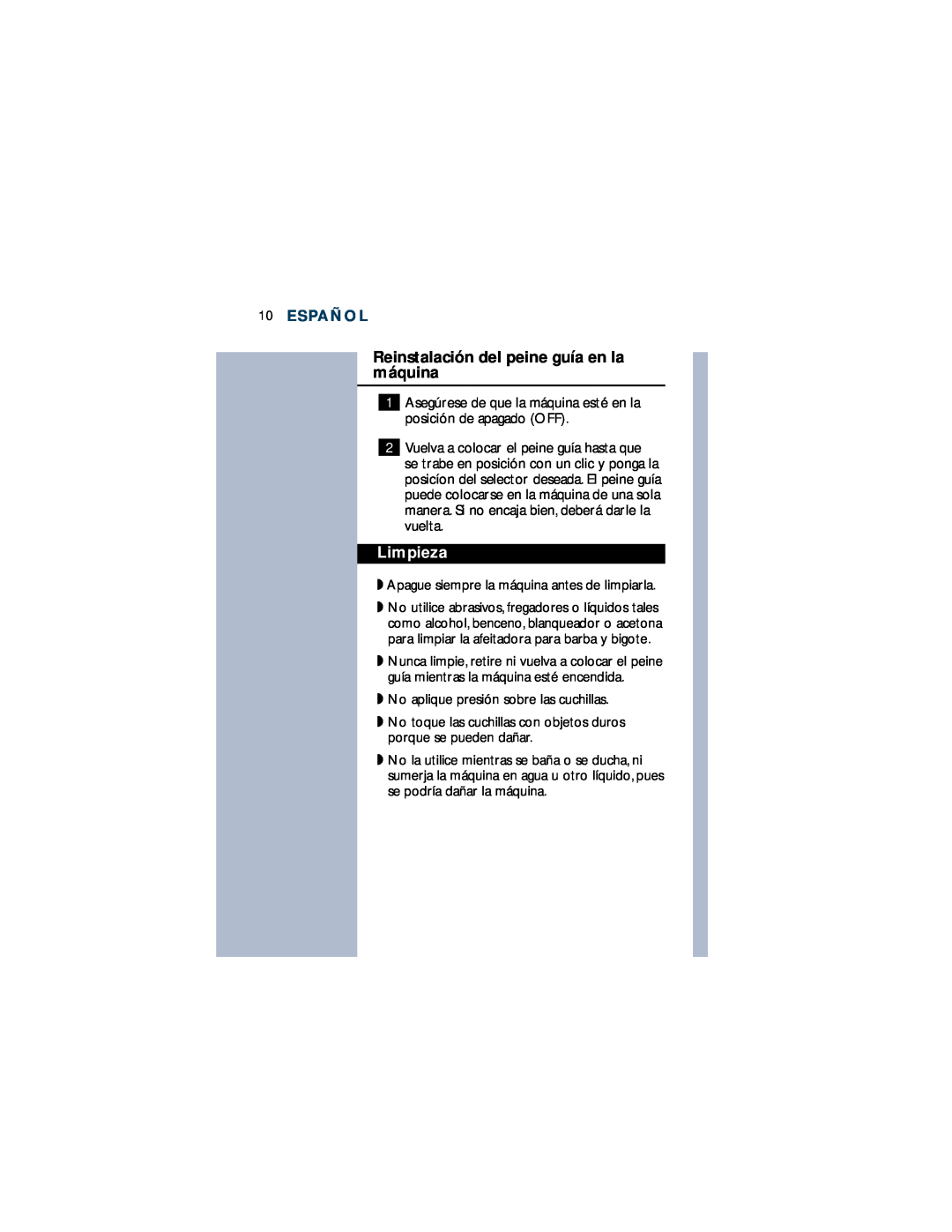 Philips T660 manual Reinstalación del peine guía en la máquina, Limpieza, Español 