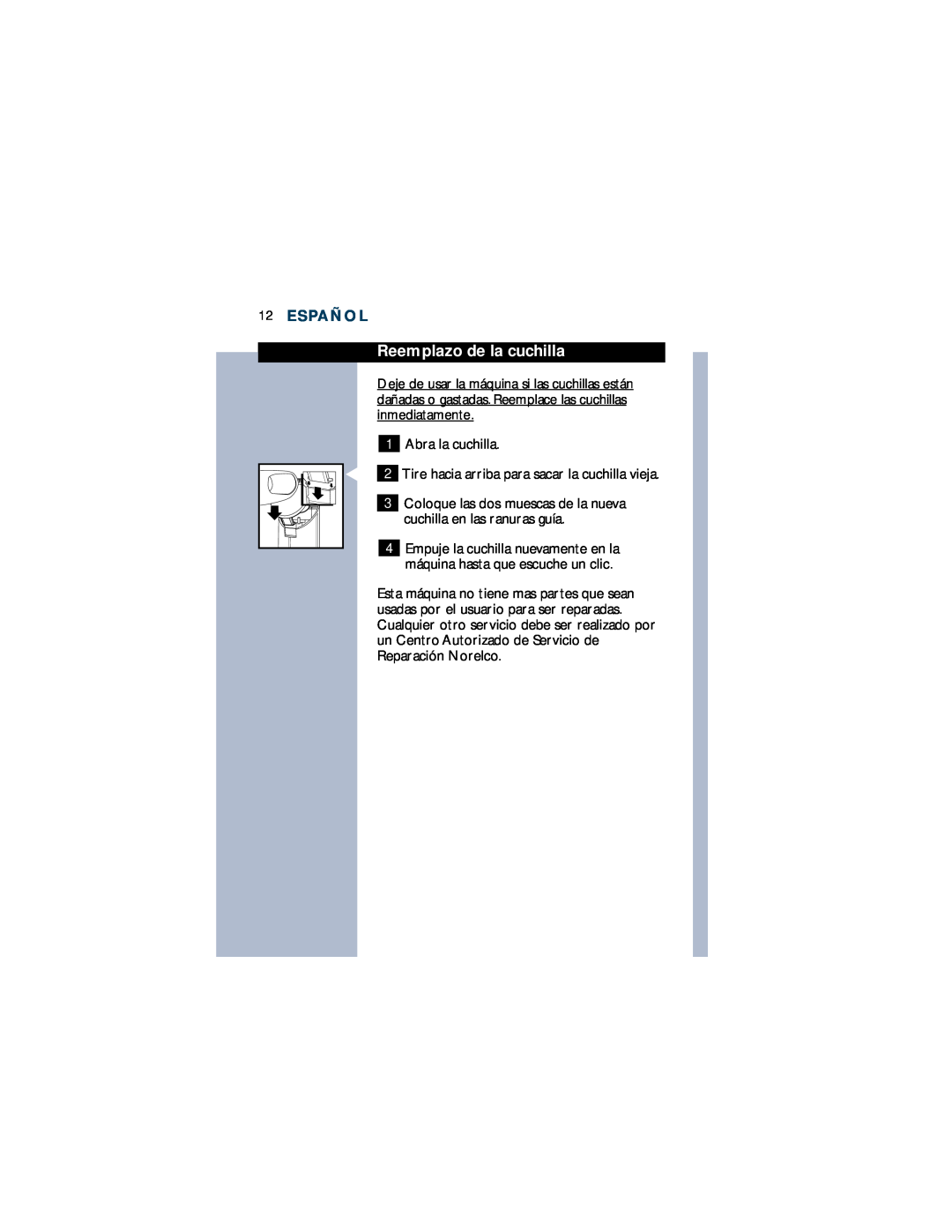 Philips T660 manual Reemplazo de la cuchilla, Español 