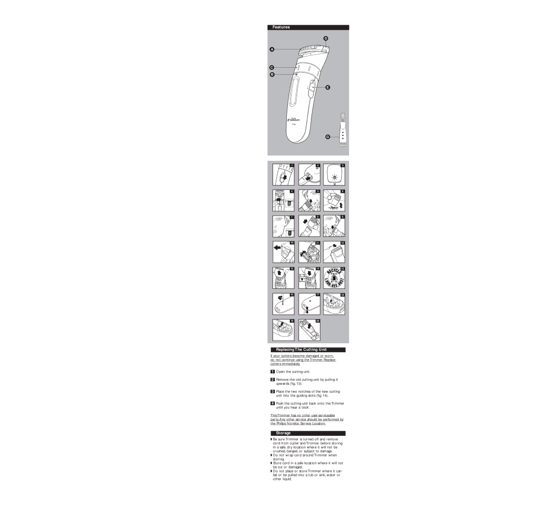 Philips T765 warranty Replacing The Cutting Unit, Storage 