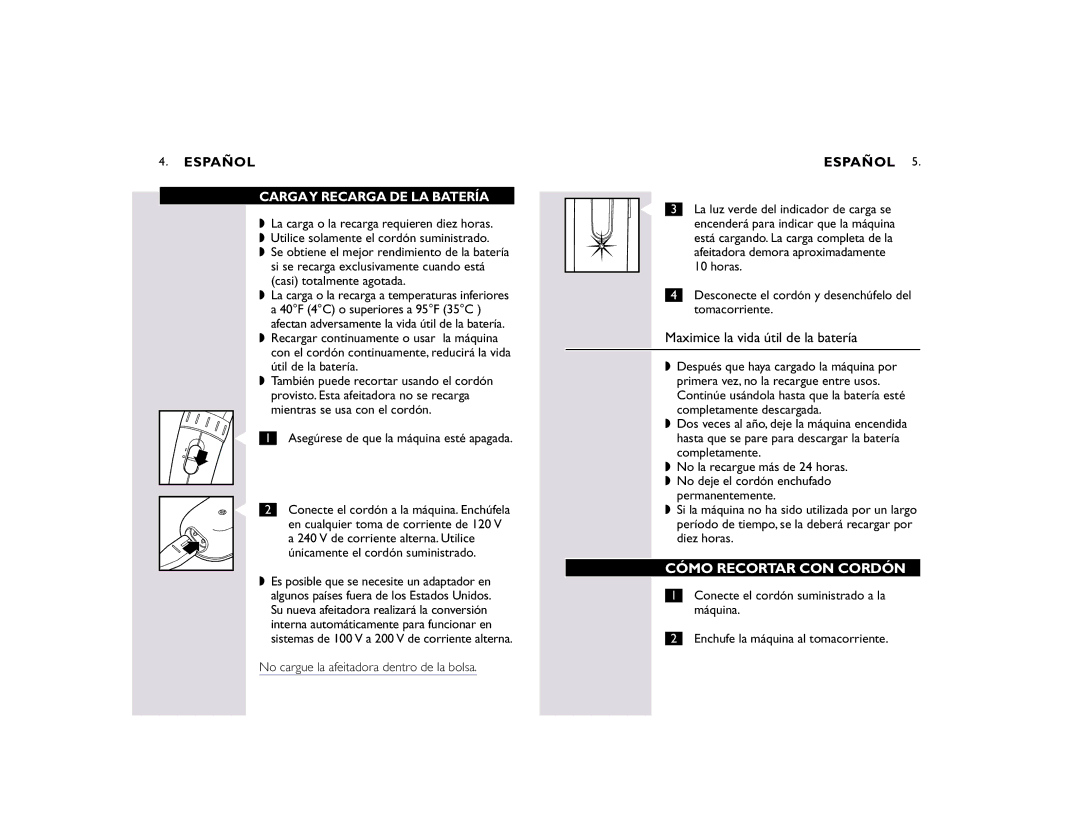 Philips T800 manual Maximice la vida útil de la batería, Cómo Recortar CON Cordón 