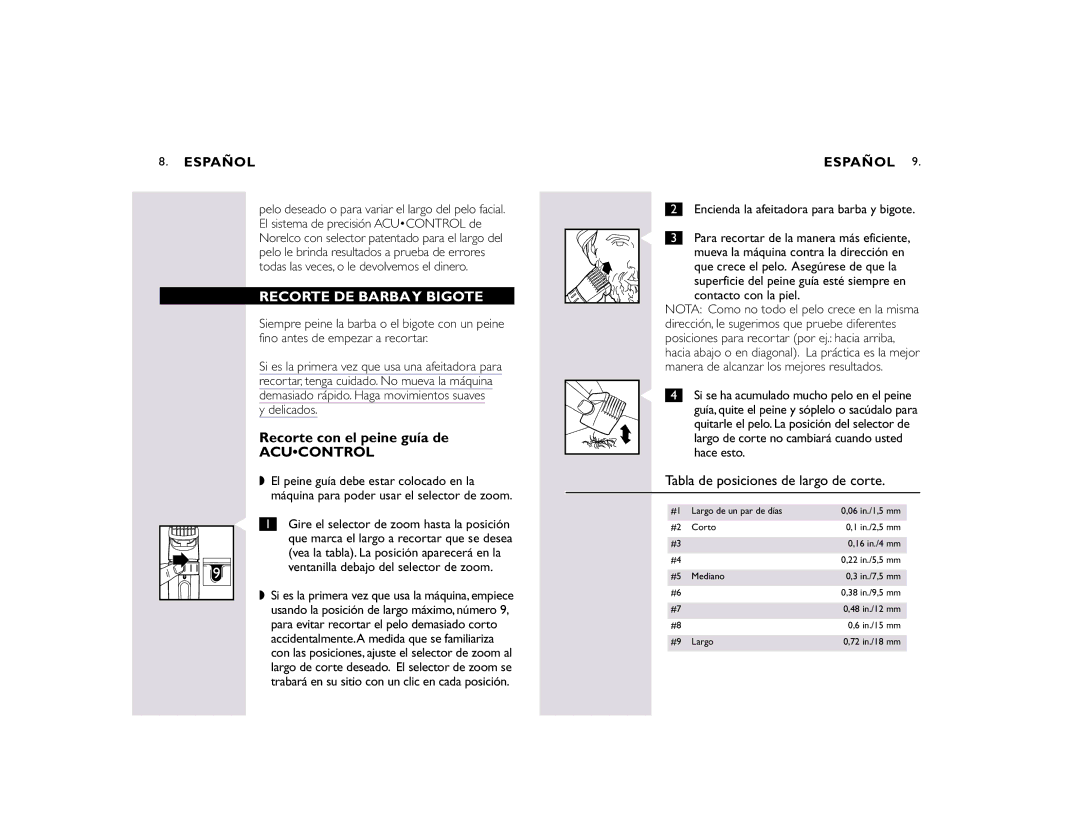 Philips T800 manual Recorte DE Barbay Bigote, Recorte con el peine guía de, Tabla de posiciones de largo de corte 