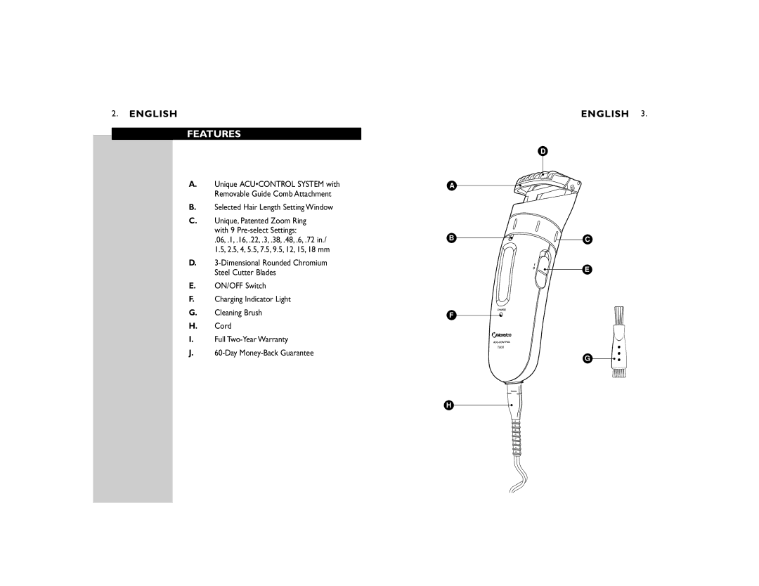 Philips T800 manual Features, Selected Hair Length Setting Window 