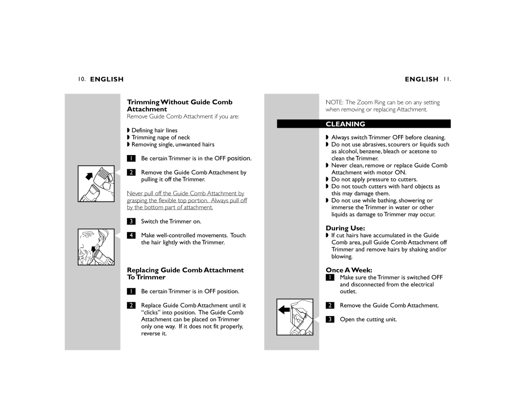 Philips T800 Trimming Without Guide Comb Attachment, Replacing Guide Comb Attachment To Trimmer, Cleaning, During Use 