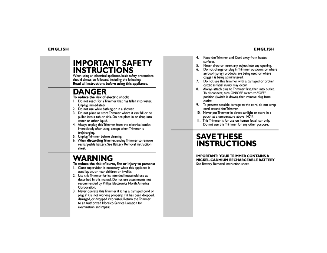 Philips T800 Important Safety Instructions, Danger, Save These Instructions, English, To reduce the risk of electric shock 