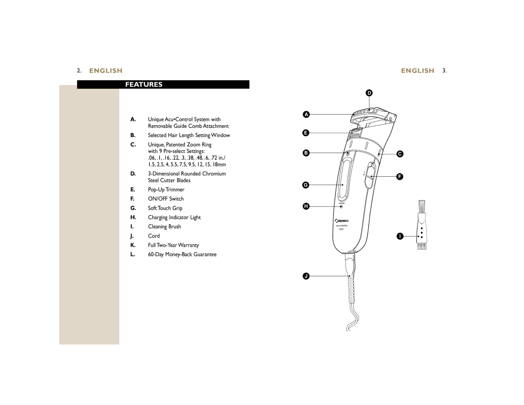 Philips T930 manual Features, Selected Hair Length Setting Window 