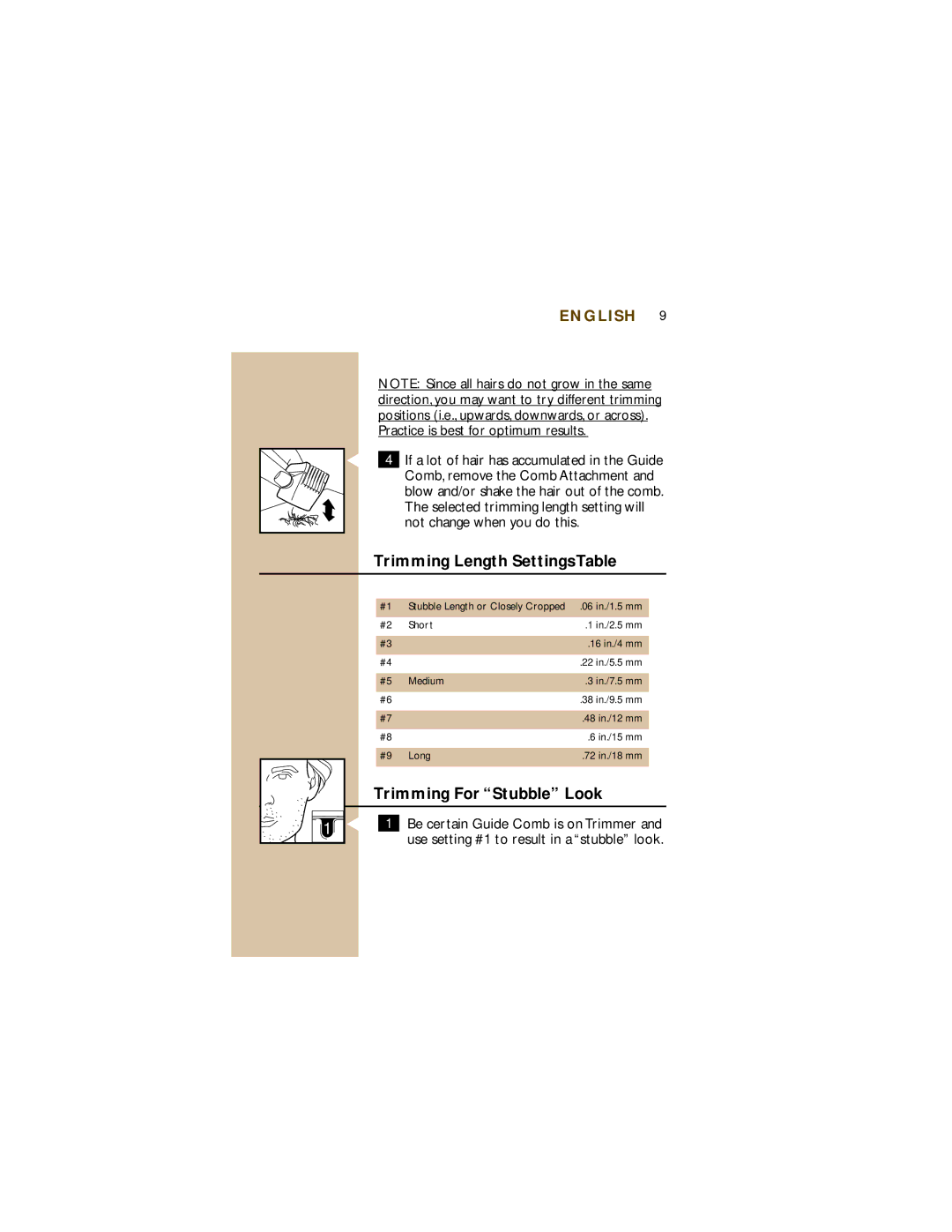 Philips T960 manual Trimming Length Settings Table, Trimming For Stubble Look 