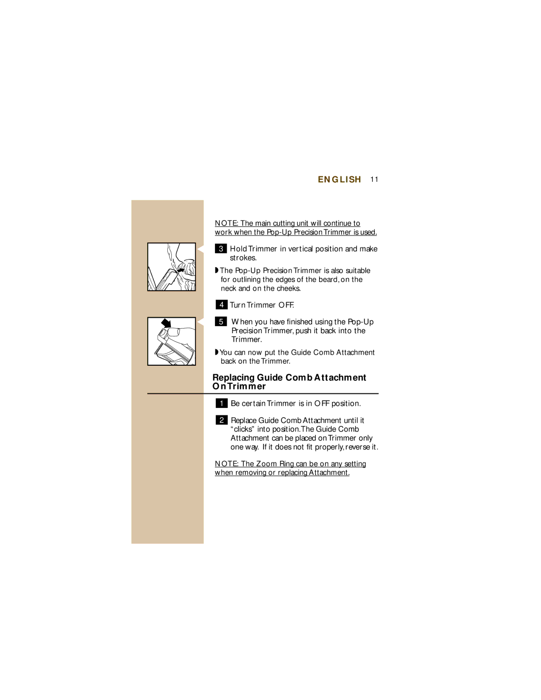 Philips T960 manual Replacing Guide Comb Attachment On Trimmer, Be certain Trimmer is in OFF position 