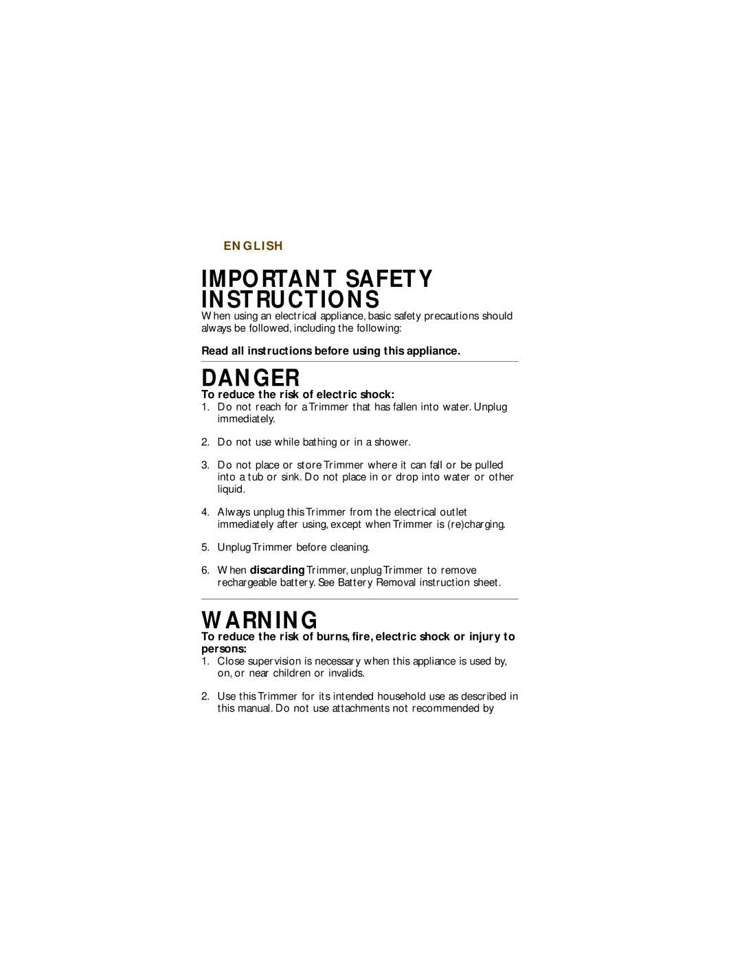 Philips T960 manual Important Safety Instructions, Unplug Trimmer before cleaning 