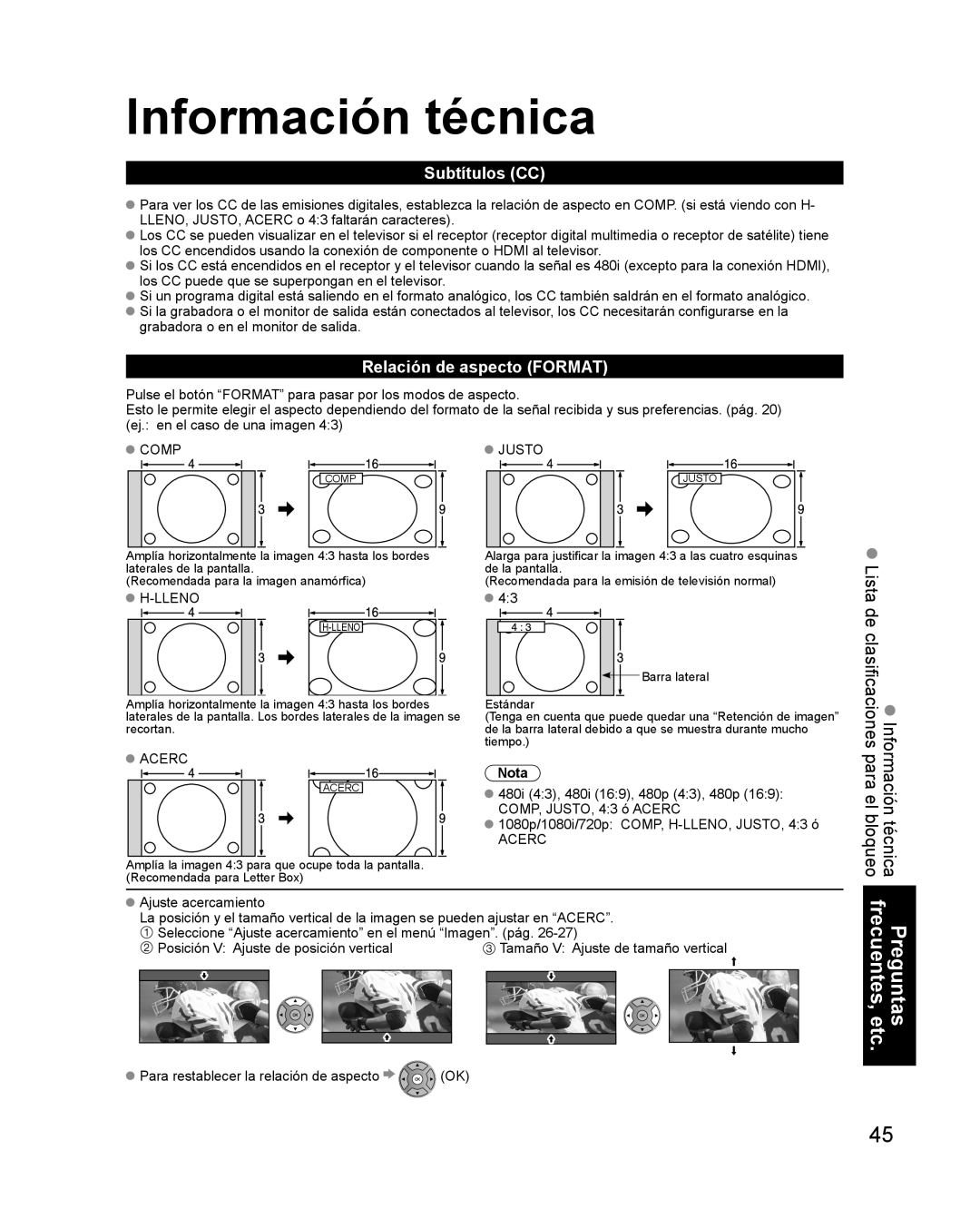 Philips TC-P42X1X quick start Información técnica, De clasificaciones, Subtítulos CC, Relación de aspecto Format 