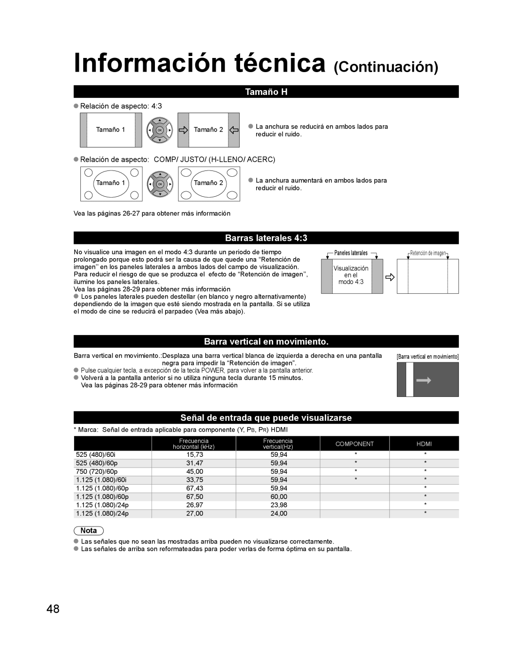 Philips TC-P42X1X quick start Información técnica Continuación, Tamaño H, Barras laterales, Barra vertical en movimiento 