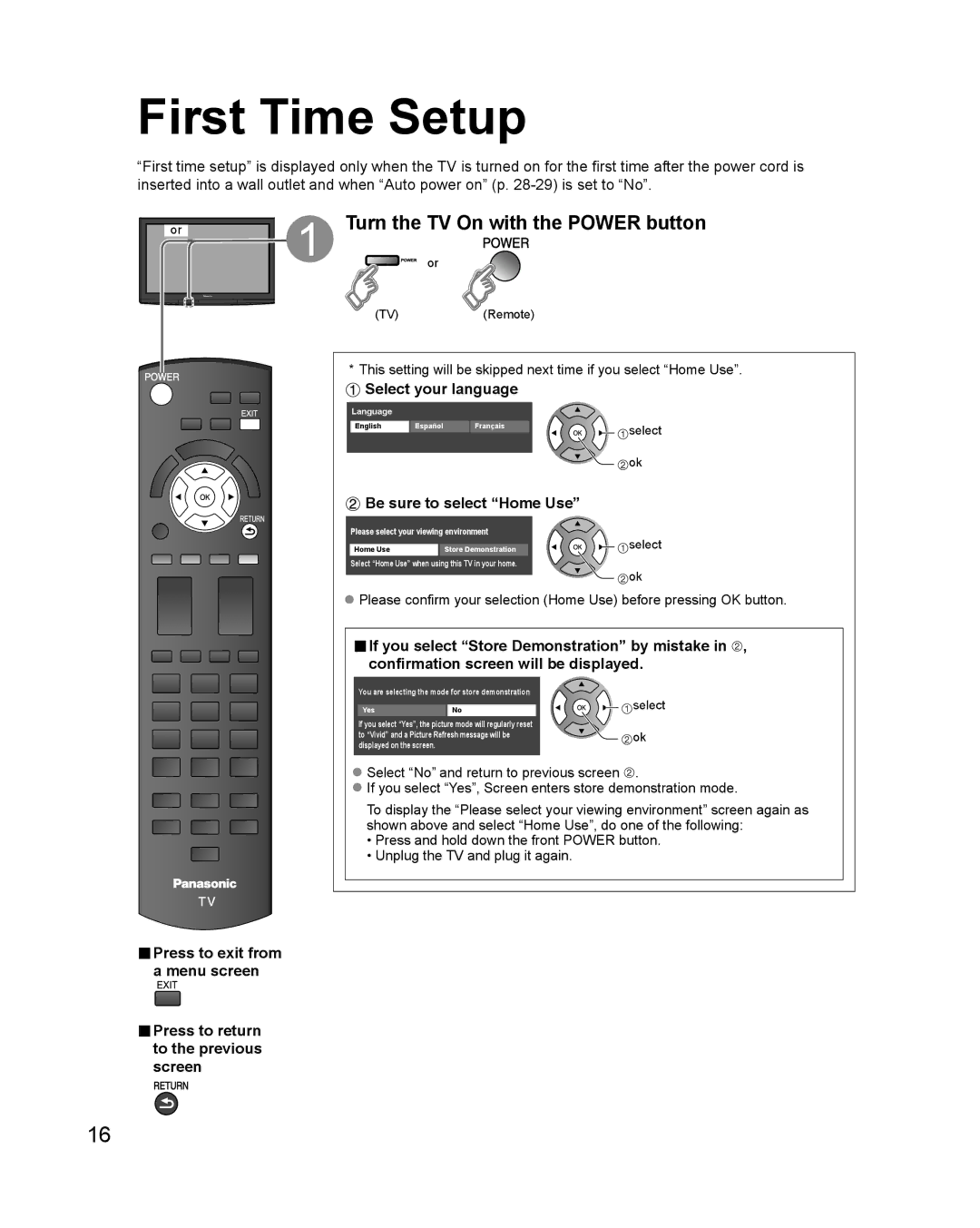 Philips TC-P42X1X First Time Setup, Turn the TV On with the Power button, Select your language, Be sure to select Home Use 