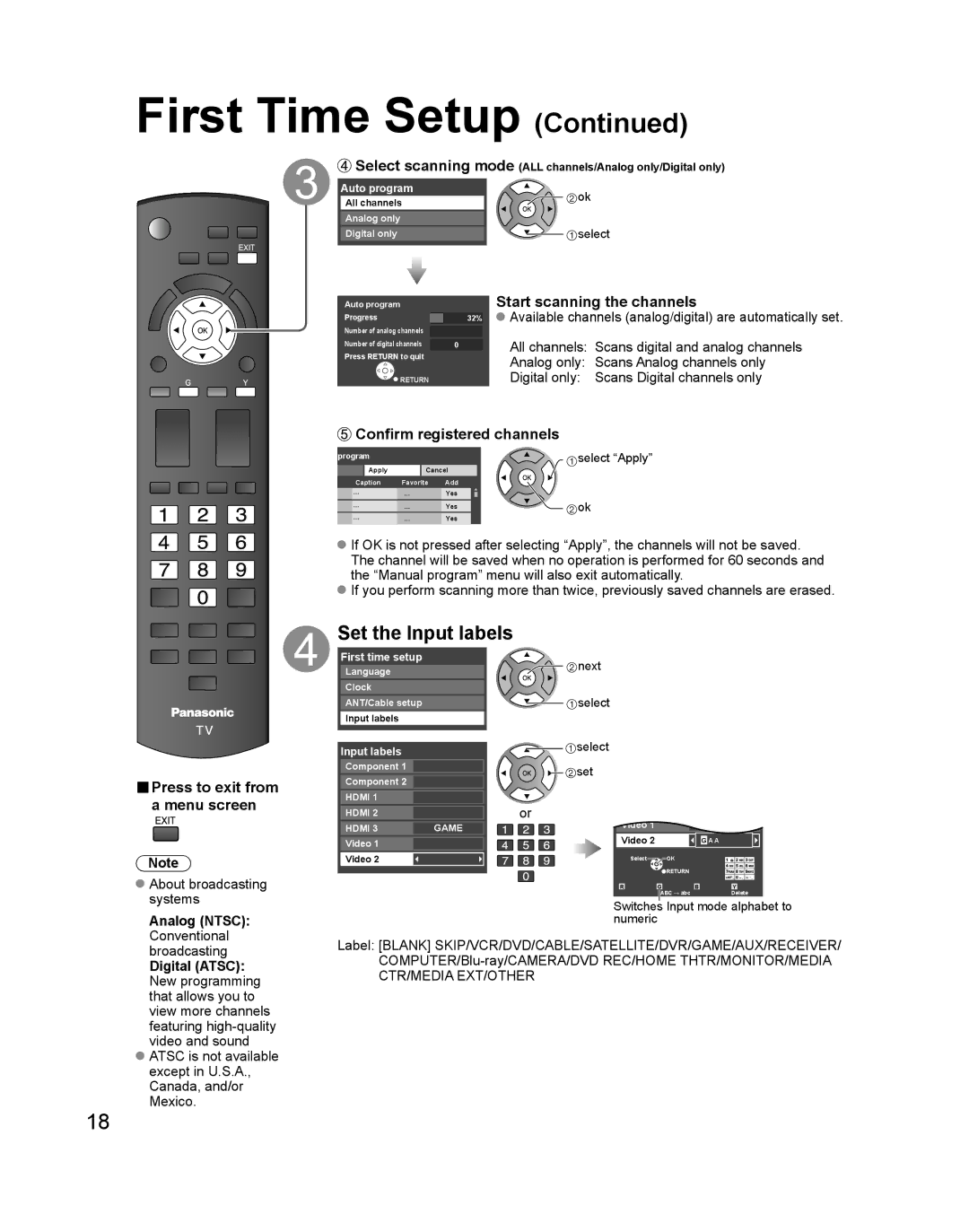 Philips TC-P42X1X quick start Set the Input labels, Start scanning the channels, Confirm registered channels 