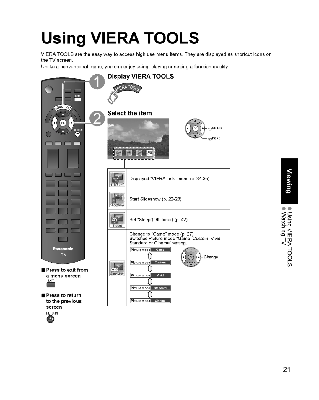 Philips TC-P42X1X Using Viera Tools, Display Viera Tools Select the item, Viewing Using Viera Watching TV, Select next 