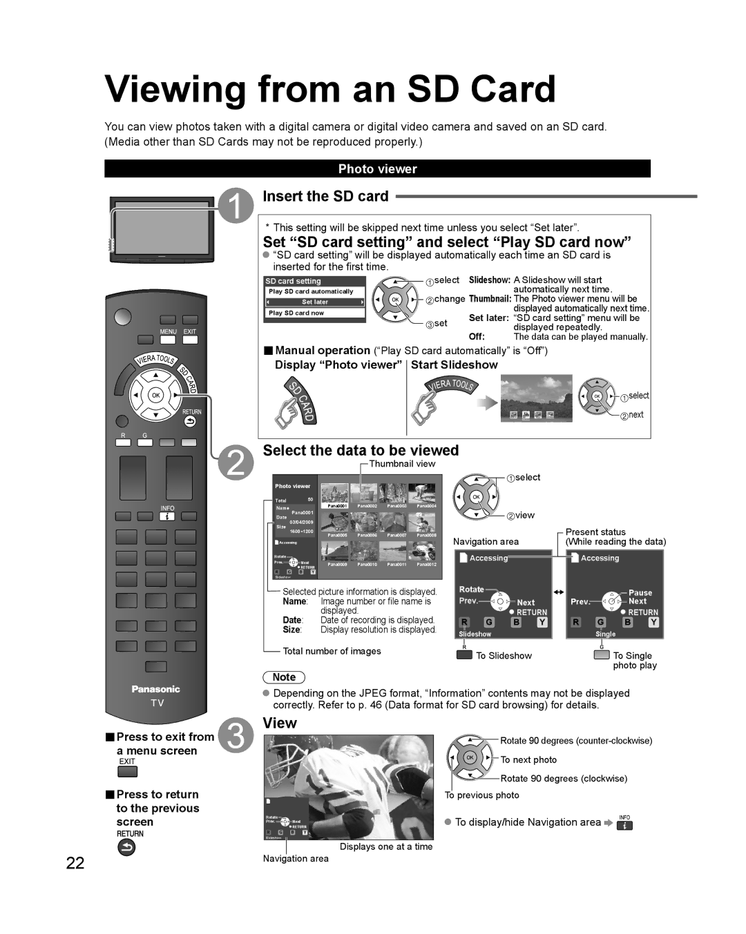 Philips TC-P42X1X quick start Viewing from an SD Card, Insert the SD card, Set SD card setting and select Play SD card now 