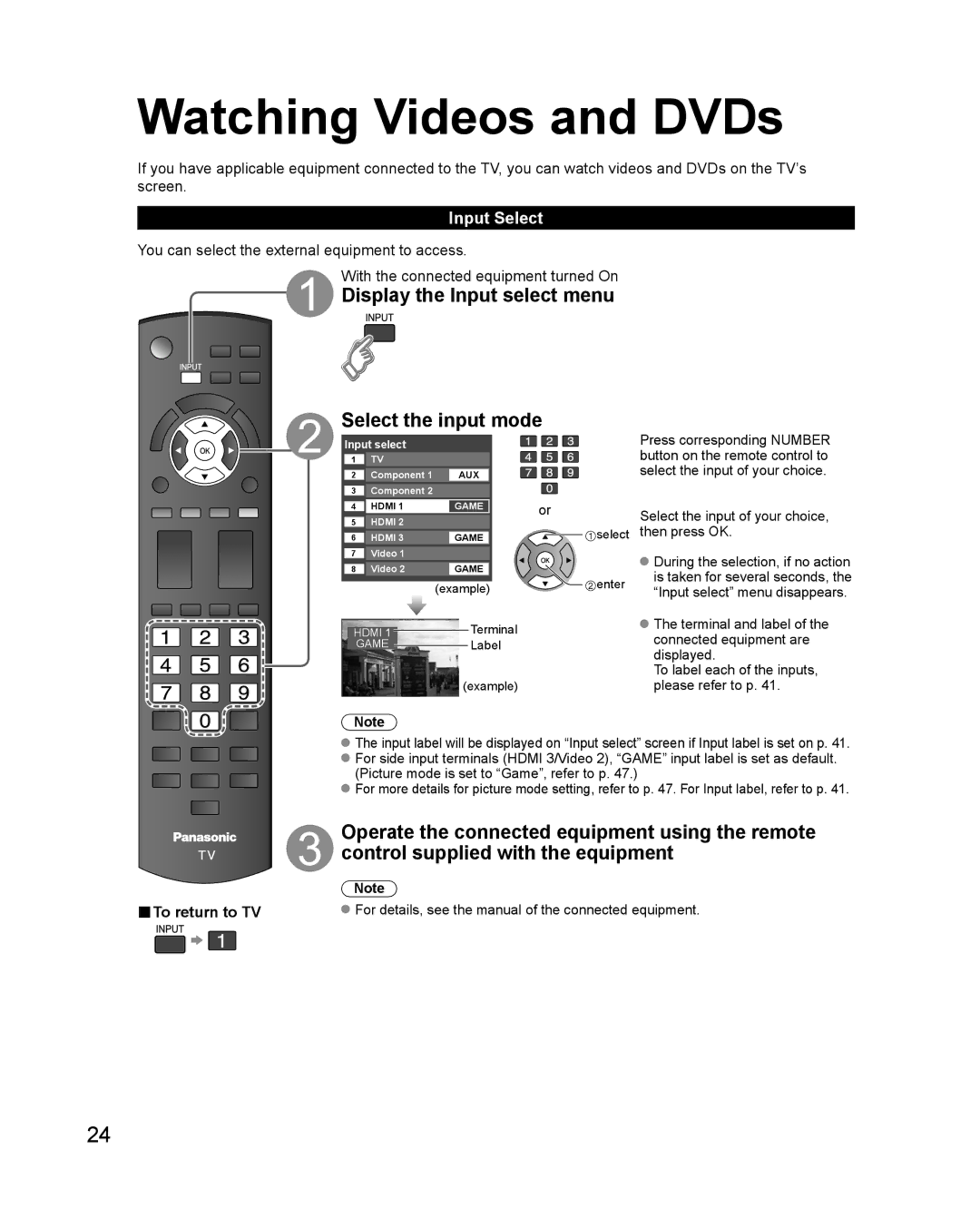 Philips TC-P42X1X quick start Watching Videos and DVDs, Display the Input select menu Select the input mode, Input Select 