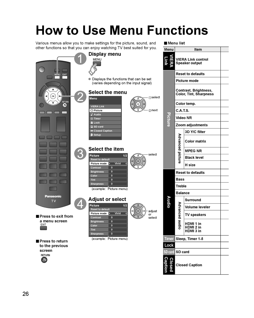 Philips TC-P42X1X quick start How to Use Menu Functions, Display menu, Select the menu, Adjust or select 