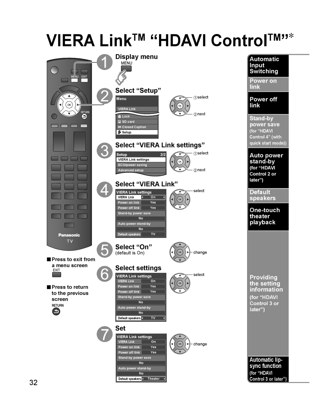 Philips TC-P42X1X quick start Select Viera Link settings, Select settings, Set 