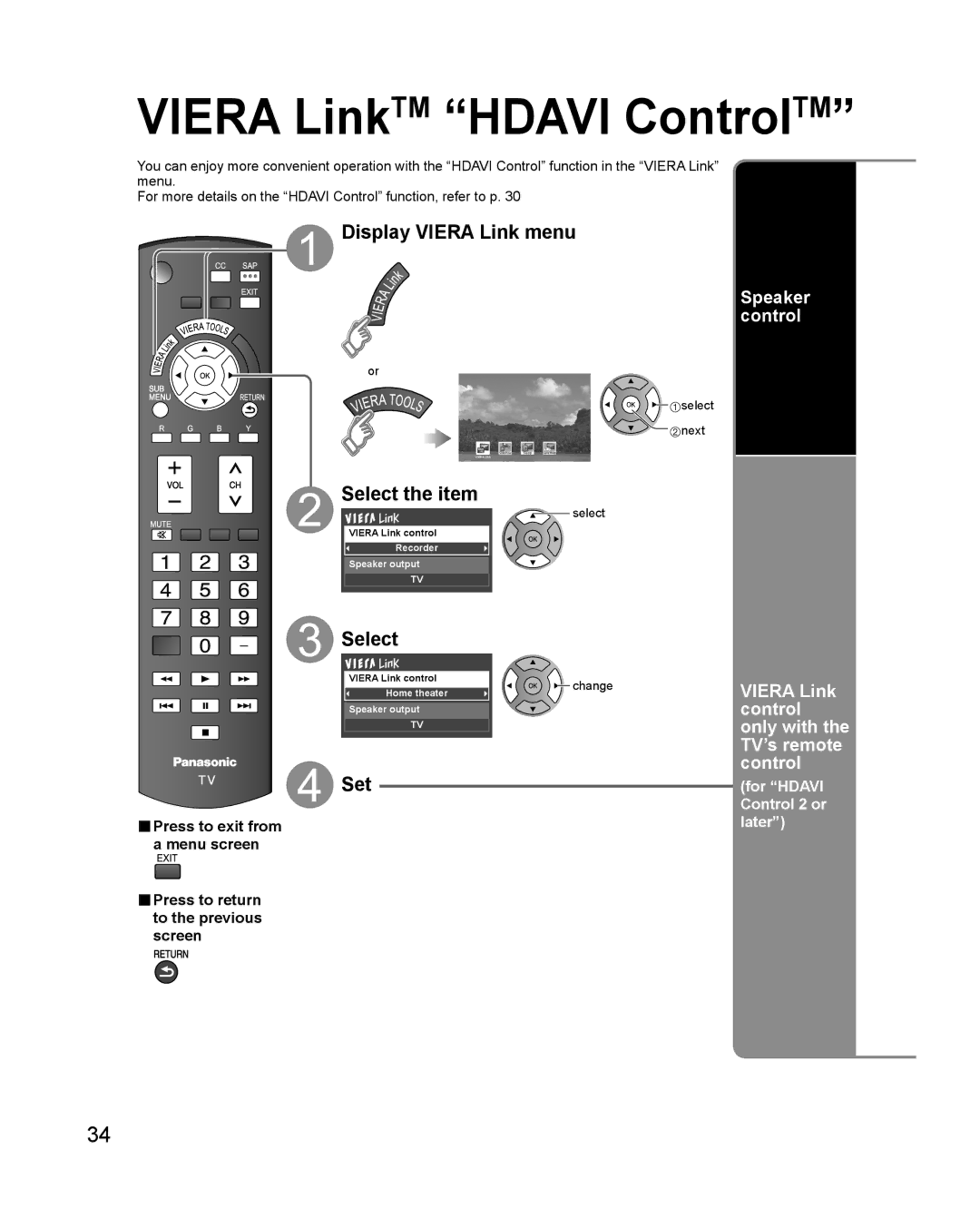 Philips TC-P42X1X Display Viera Link menu, Select, Speaker control, Viera Link control only with the TV’s remote control 