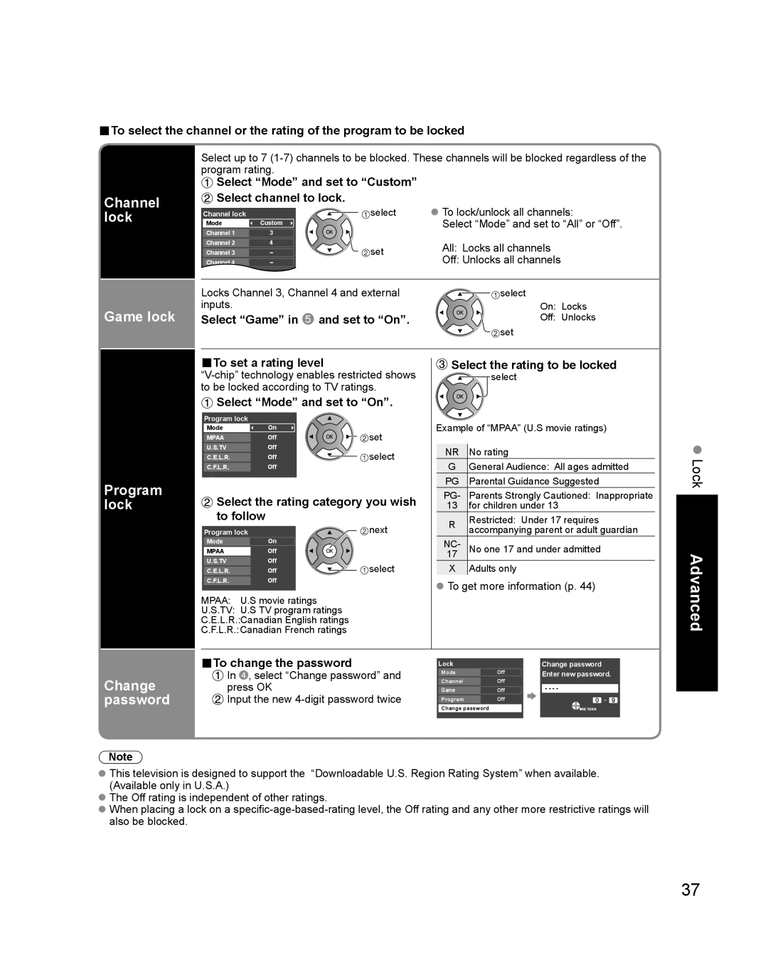 Philips TC-P42X1X quick start Channel lock, Game lock, Program lock, Lock, Change password 