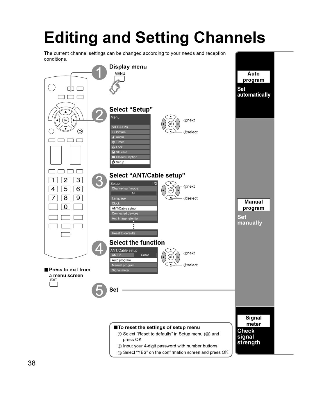 Philips TC-P42X1X quick start Editing and Setting Channels, Select ANT/Cable setup, Set manually, Check signal strength 