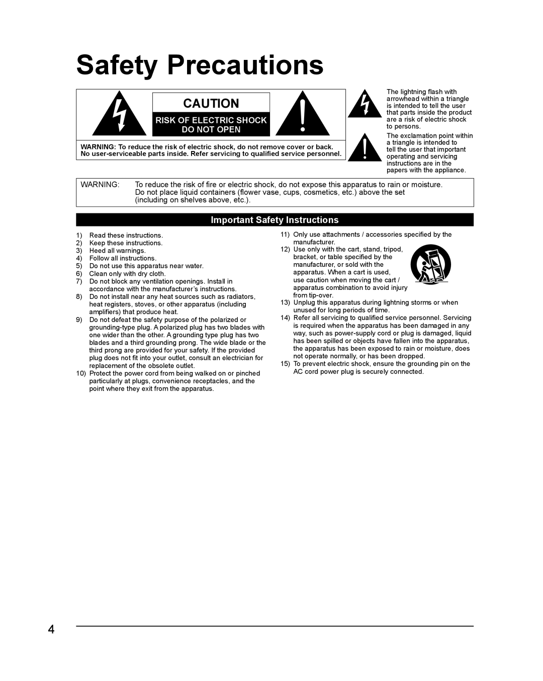 Philips TC-P42X1X quick start Safety Precautions, Important Safety Instructions 